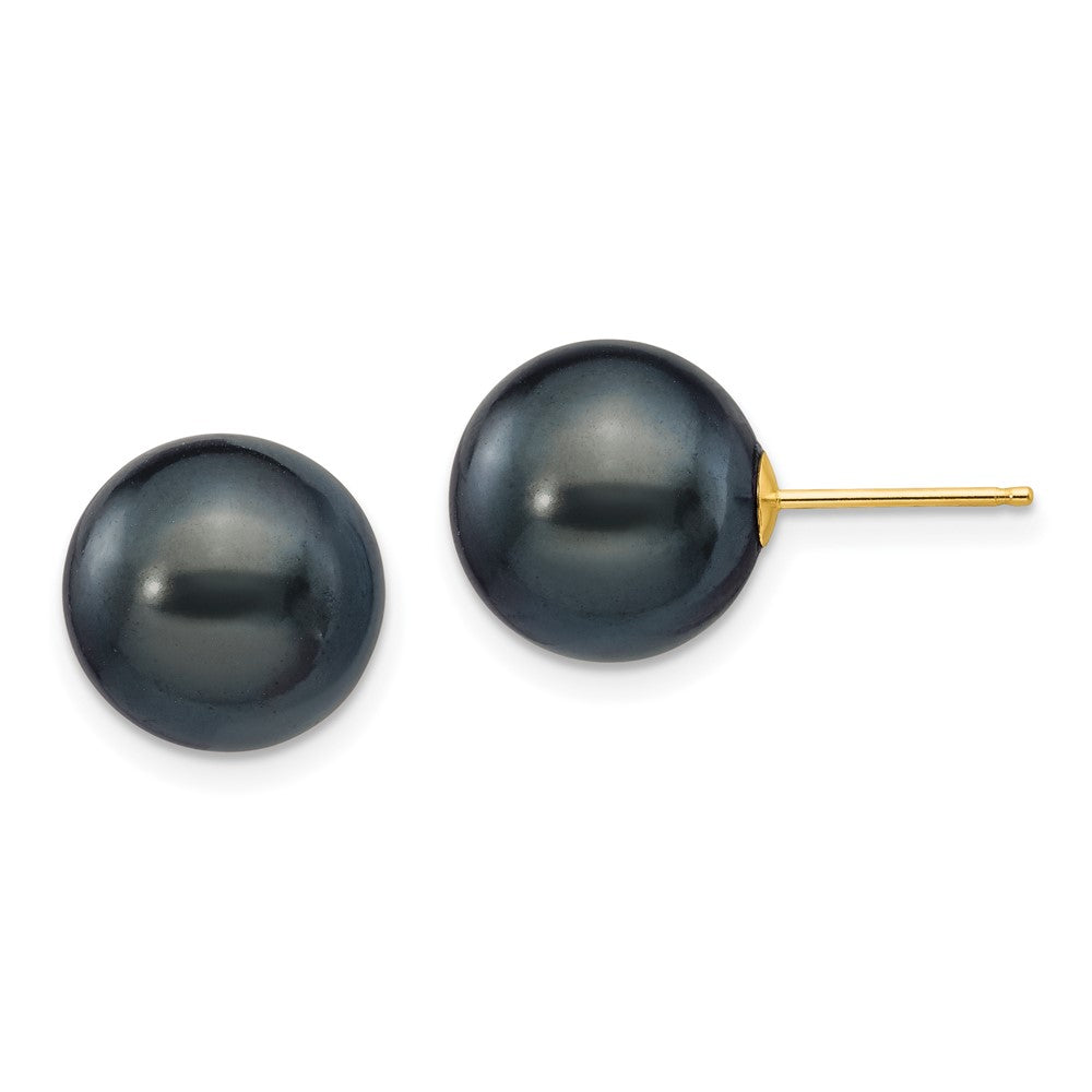 14K Yellow Gold 10 11mm Black Round Freshwater Cultured Pearl Stud Post Earrings
