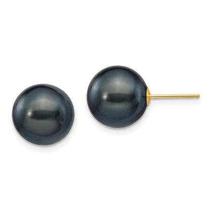 14K Yellow Gold 10 11mm Black Round Freshwater Cultured Pearl Stud Post Earrings