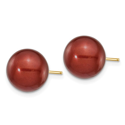 14K Yellow Gold 10 11mm Brown Round Freshwater Cultured Pearl Stud Post Earrings