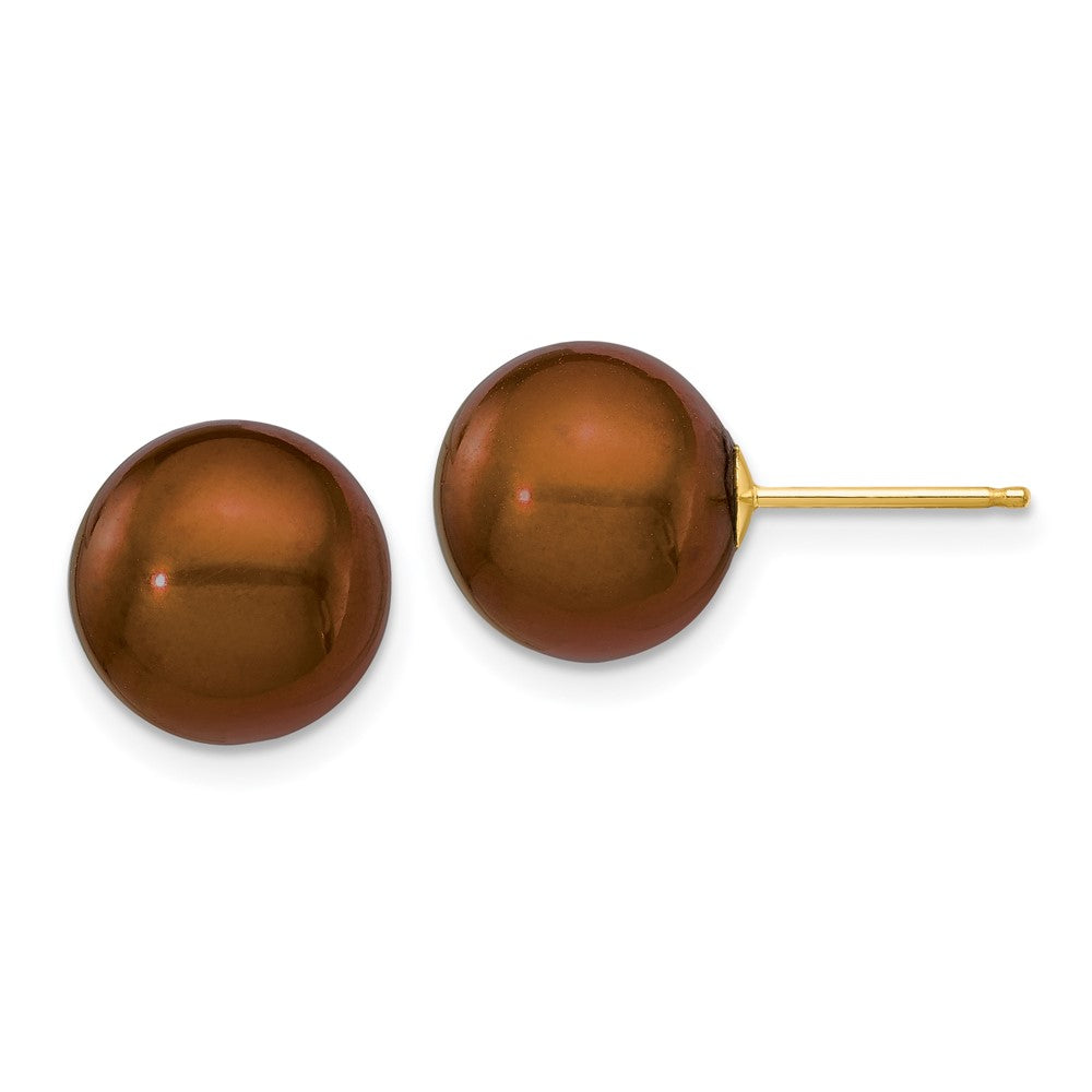 14K Yellow Gold 10 11mm Brown Round Freshwater Cultured Pearl Stud Post Earrings