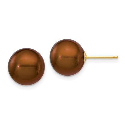 14K Yellow Gold 10 11mm Brown Round Freshwater Cultured Pearl Stud Post Earrings