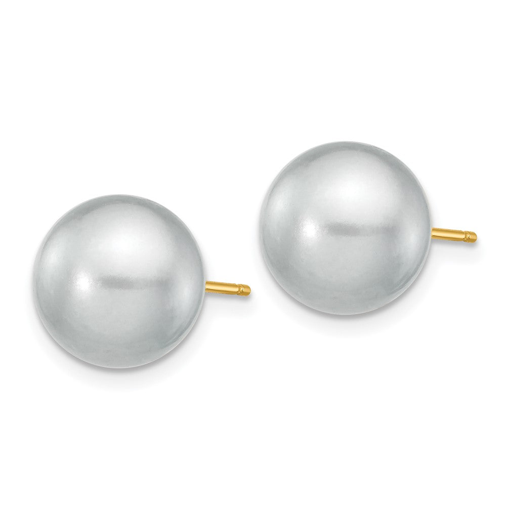 14K Yellow Gold 10 11mm Grey Round Freshwater Cultured Pearl Stud Post Earrings