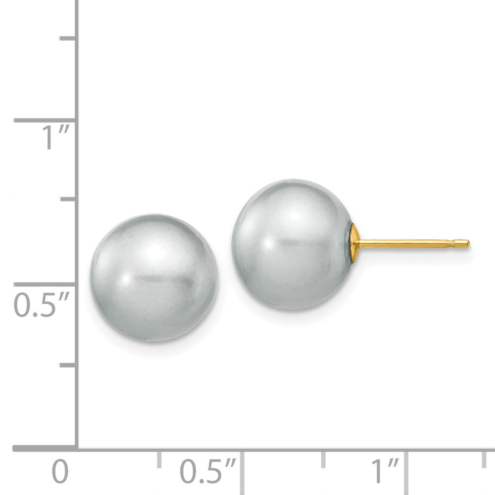 14K Yellow Gold 10 11mm Grey Round Freshwater Cultured Pearl Stud Post Earrings
