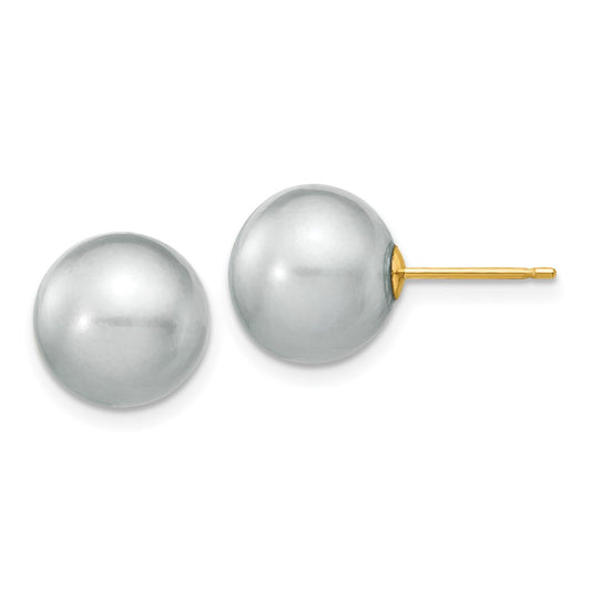 14K Yellow Gold 10 11mm Grey Round Freshwater Cultured Pearl Stud Post Earrings