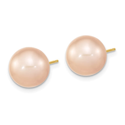 14K Yellow Gold 10 11mm Pink Round Freshwater Cultured Pearl Post Earrings