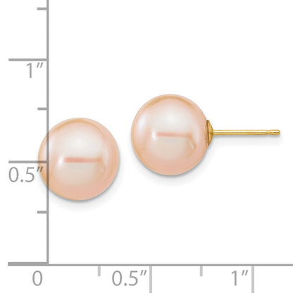 14K Yellow Gold 10 11mm Pink Round Freshwater Cultured Pearl Post Earrings