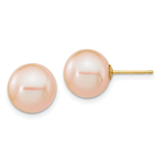 14K Yellow Gold 10 11mm Pink Round Freshwater Cultured Pearl Post Earrings