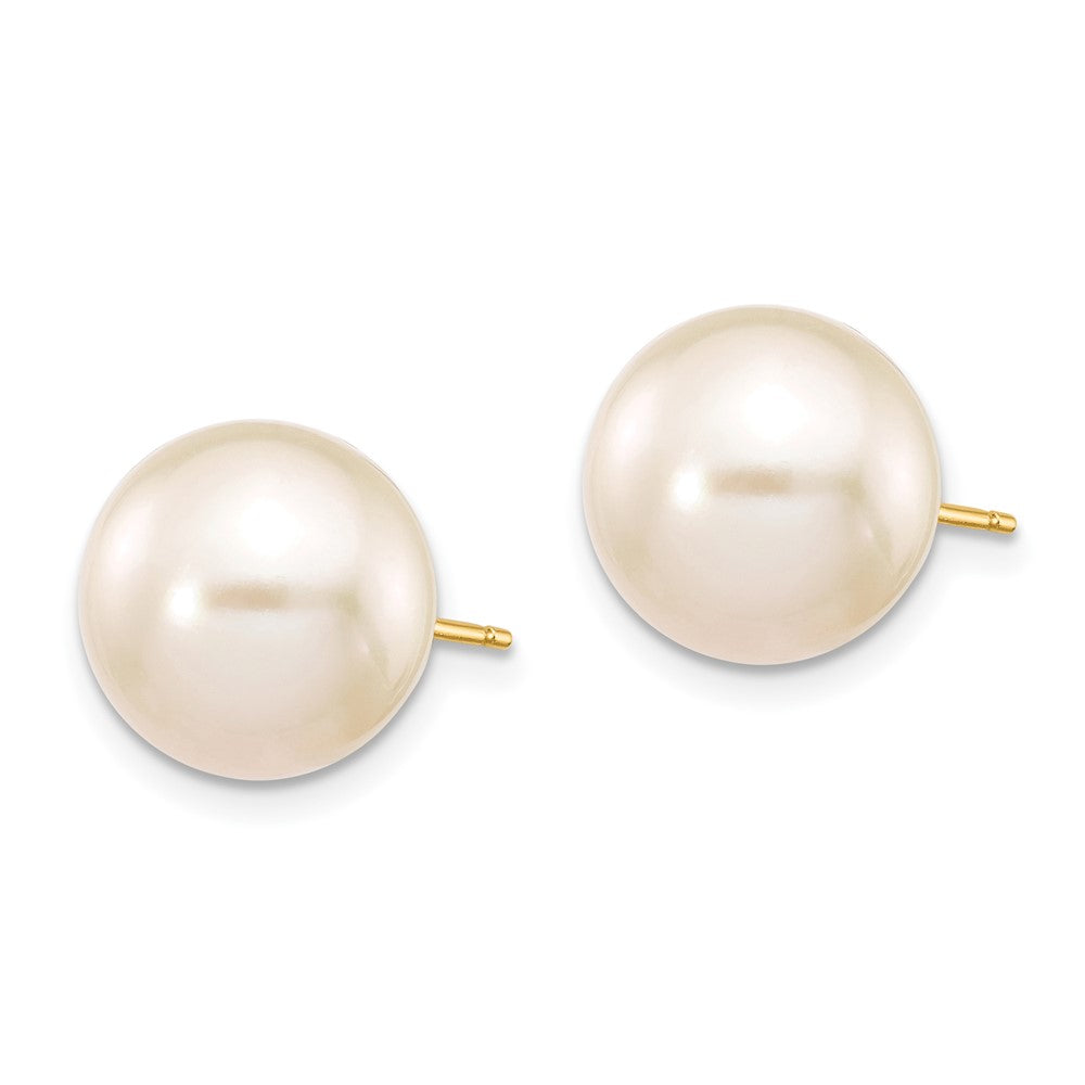 14K Yellow Gold 10 11mm White Round Freshwater Cultured Pearl Stud Post Earrings