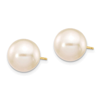 14K Yellow Gold 10 11mm White Round Freshwater Cultured Pearl Stud Post Earrings