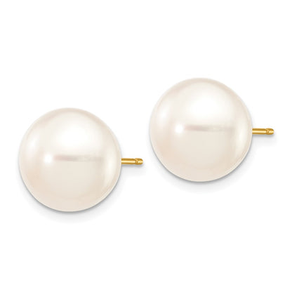 14K Yellow Gold 11 12mm White Button Freshwater Cultured Pearl Stud Post Earrings