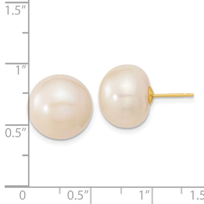 14K Yellow Gold 13 14mm White Button Freshwater Cultured Pearl Stud Post Earrings