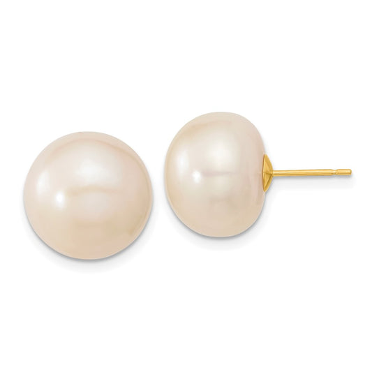 14K Yellow Gold 13 14mm White Button Freshwater Cultured Pearl Stud Post Earrings