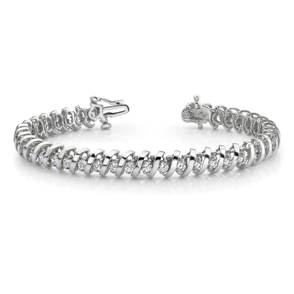 14K White Gold Complete 2.25 Carat Round A Diamond Fancy Spiral 7 Inch Tennis Bracelet