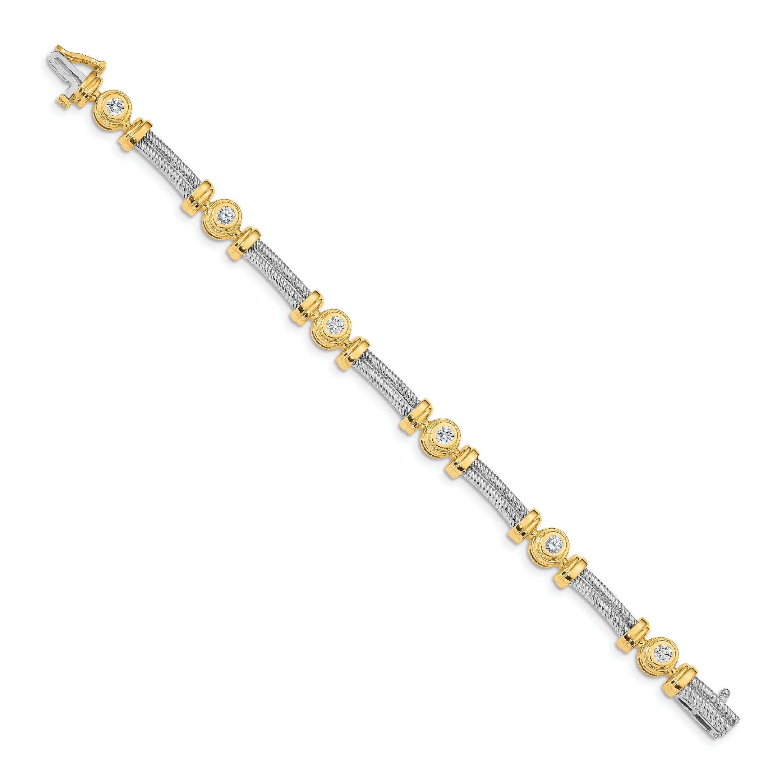 14K Two Tone Complete 1.4 Carat Round A Diamond Bezel And Twisted Bar 7 Inch Bracelet