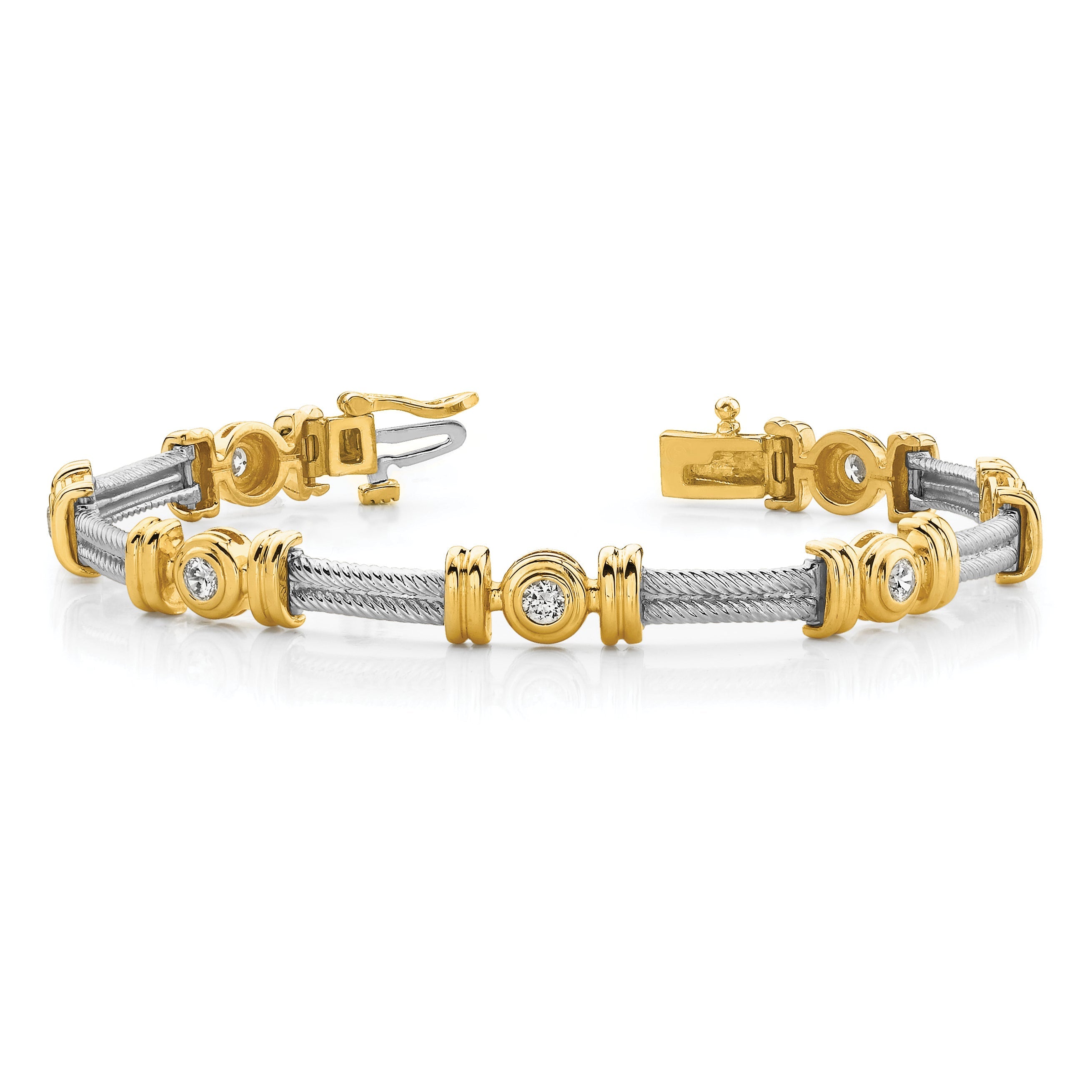 14K Two Tone Complete 1.4 Carat Round Aa Diamond Bezel And Twisted Bar 7 Inch Bracelet