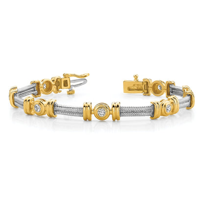 14K Two Tone Complete 1.4 Carat Round A Diamond Bezel And Twisted Bar 7 Inch Bracelet