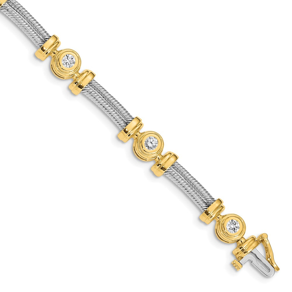 14K Two Tone Complete 1.4 Carat Round A Diamond Bezel And Twisted Bar 7 Inch Bracelet