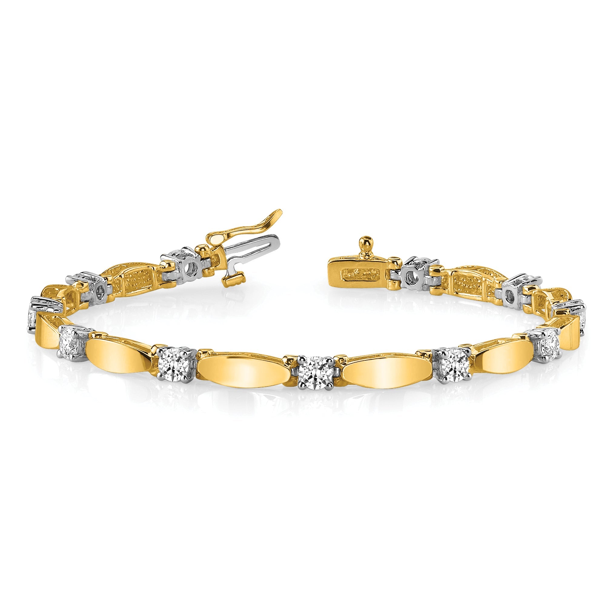 14K Two Tone Complete 1.87 Carat Round Vs Diamond Curved Bar Link 7 Inch Tennis Bracelet