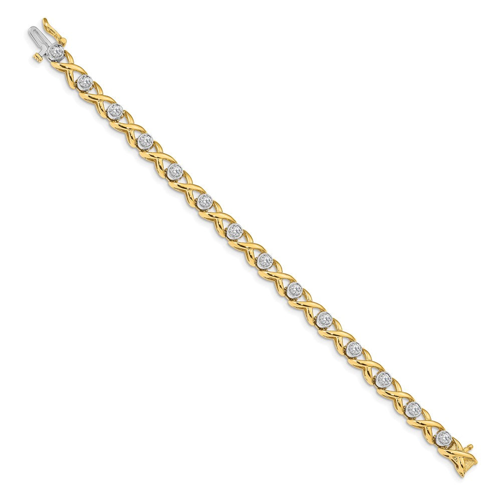 14K Two Tone Complete 1 Carat Round A Diamond 4 Prong X Design 7 Inch Tennis Bracelet