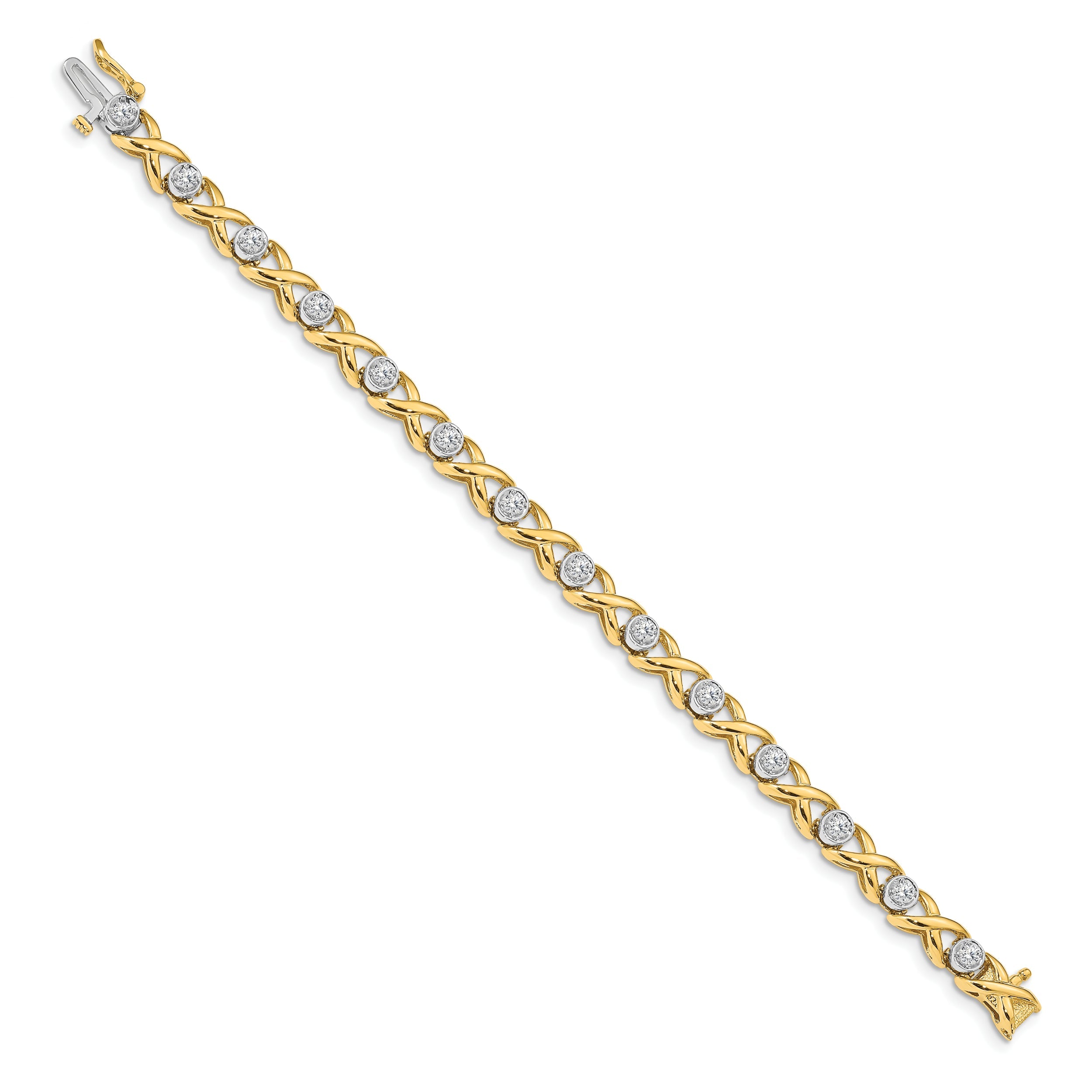 14K Two Tone Complete 1 Carat Round Aa Diamond 4 Prong X Design 7 Inch Tennis Bracelet