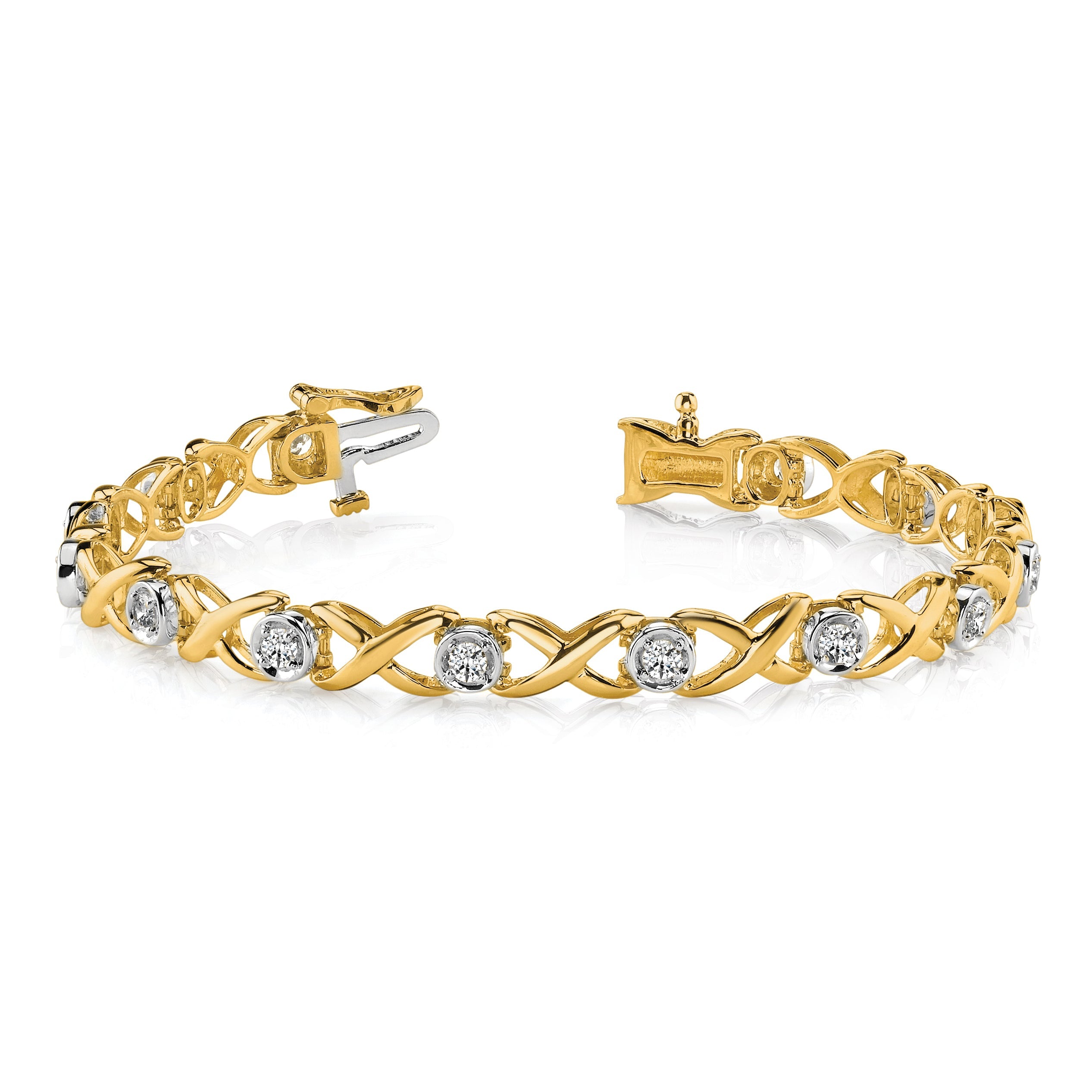 14K Two Tone Complete 1 Carat Round Aa Diamond 4 Prong X Design 7 Inch Tennis Bracelet