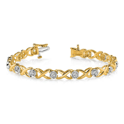 14K Two Tone Complete 1 Carat Round Aa Diamond 4 Prong X Design 7 Inch Tennis Bracelet
