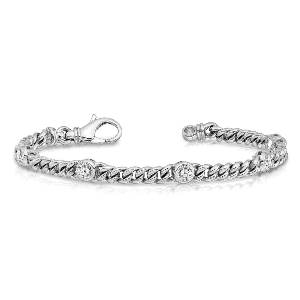 14K White Gold Complete 1 Carat Round Aaa Diamond Bezel Curb Link 7 Inch Bracelet
