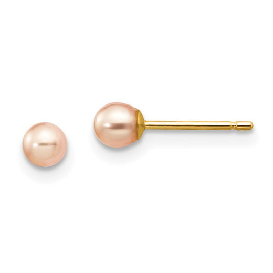 14K Yellow Gold 3 4mm Pink Round Freshwater Cultured Pearl Stud Post Earrings