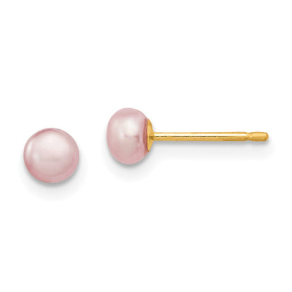 14K Yellow Gold 4-5mm Purple Freshwater Cultured Button Pearl Stud Post Earrings