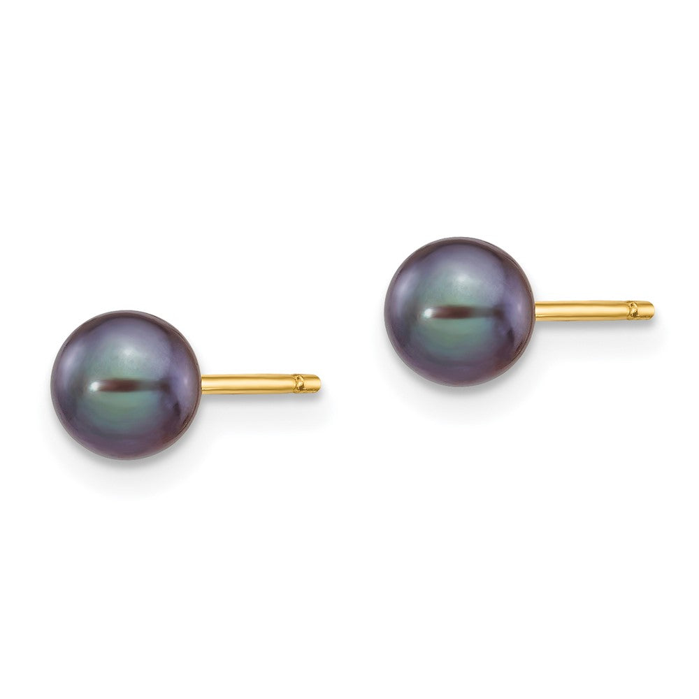 14K Yellow Gold 5 6mm Black Round Freshwater Cultured Pearl Stud Post Earrings