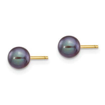 14K Yellow Gold 5 6mm Black Round Freshwater Cultured Pearl Stud Post Earrings