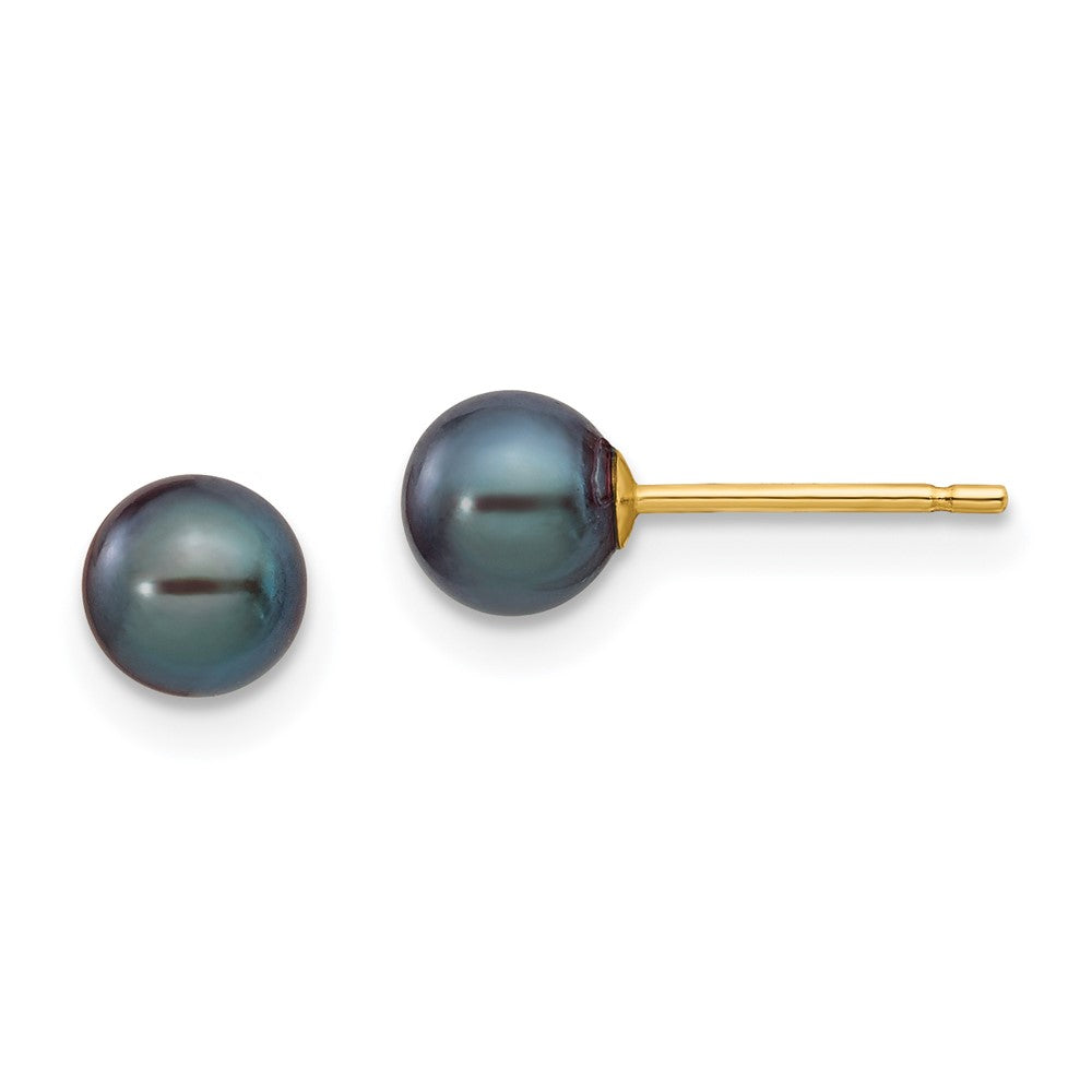 14K Yellow Gold 5 6mm Black Round Freshwater Cultured Pearl Stud Post Earrings