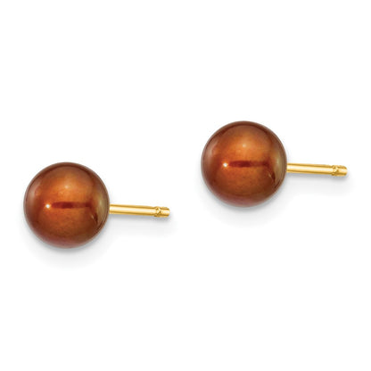 14K Yellow Gold 5 6mm Brown Round Freshwater Cultured Pearl Stud Post Earrings