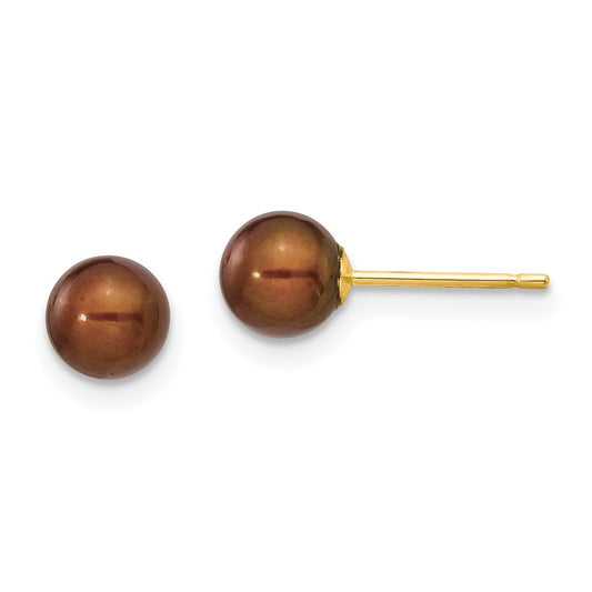 14K Yellow Gold 5 6mm Brown Round Freshwater Cultured Pearl Stud Post Earrings