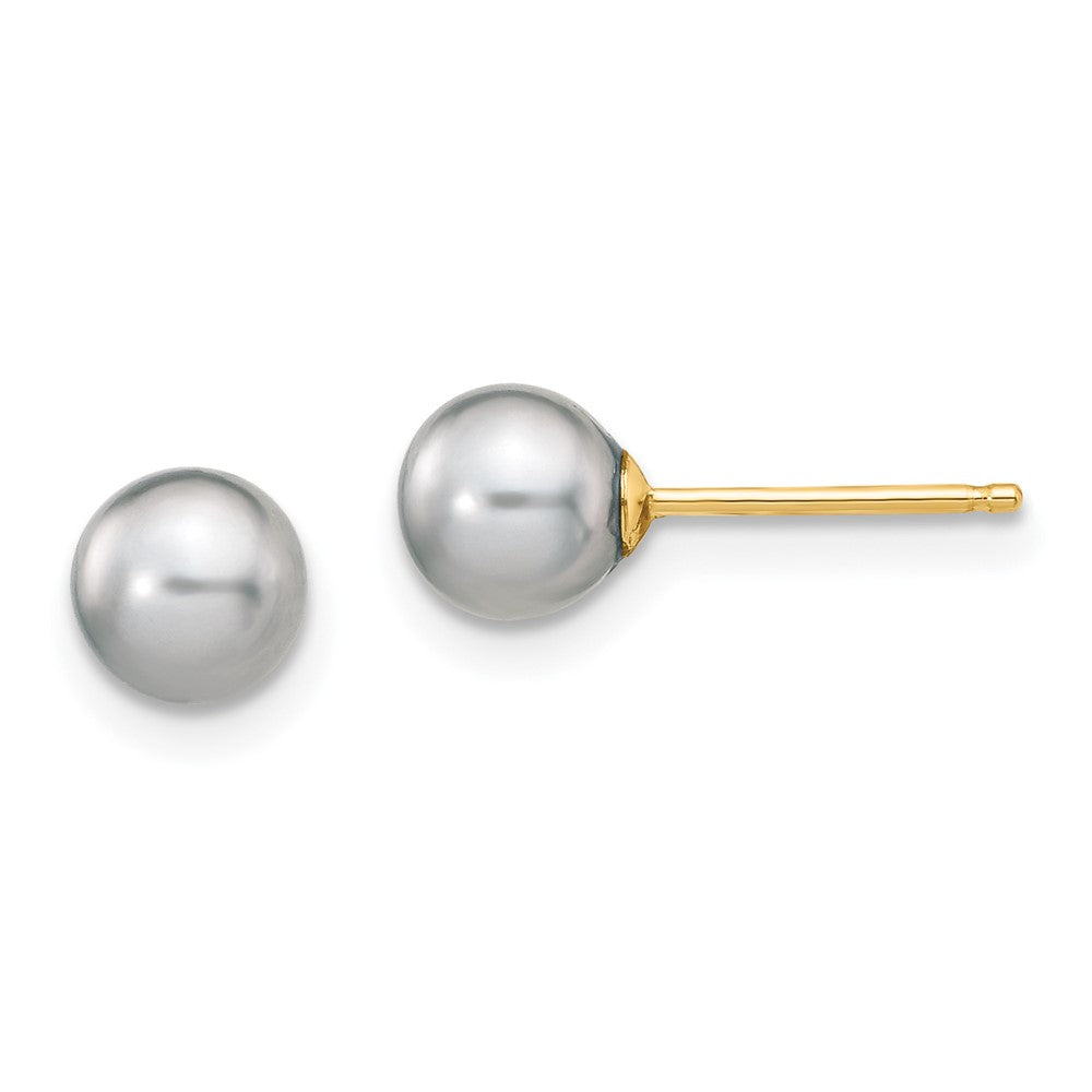 14K Yellow Gold 5 6mm Grey Round Freshwater Cultured Pearl Stud Post Earrings