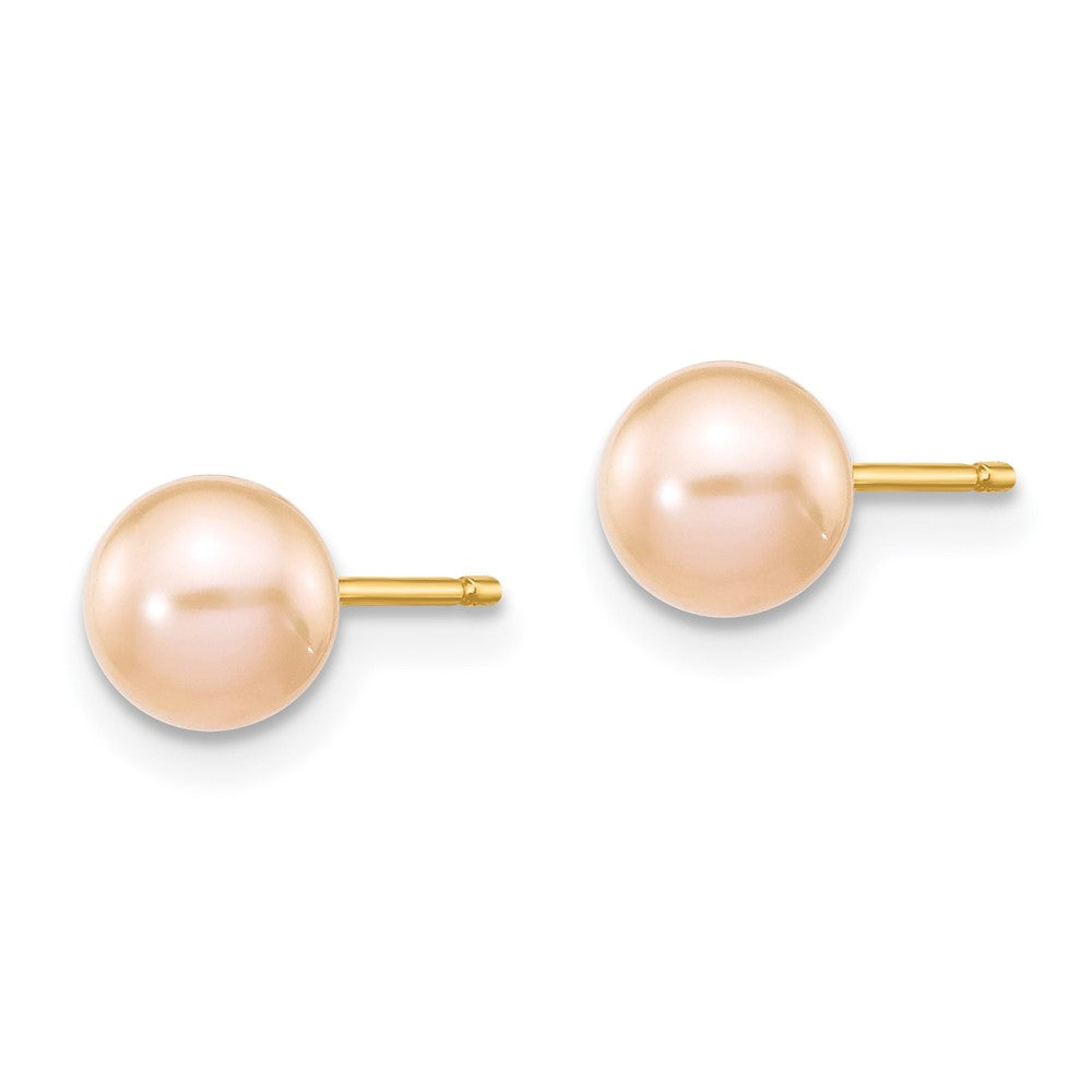 14K Yellow Gold 5 6mm Pink Round Freshwater Cultured Pearl Stud Post Earrings