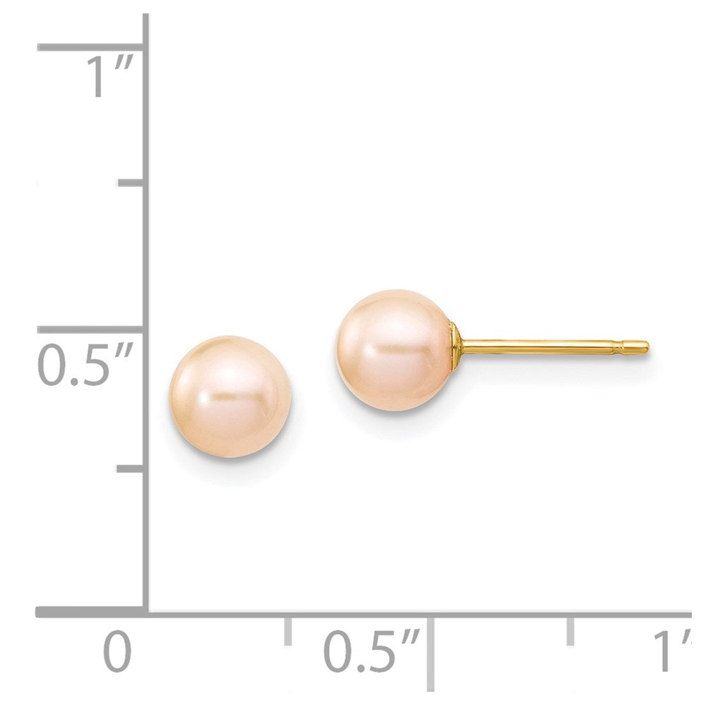 14K Yellow Gold 5 6mm Pink Round Freshwater Cultured Pearl Stud Post Earrings
