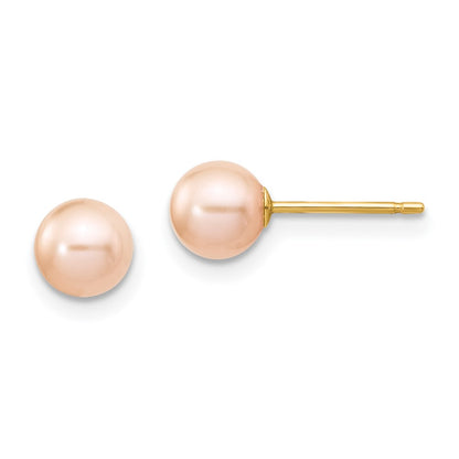 14K Yellow Gold 5 6mm Pink Round Freshwater Cultured Pearl Stud Post Earrings