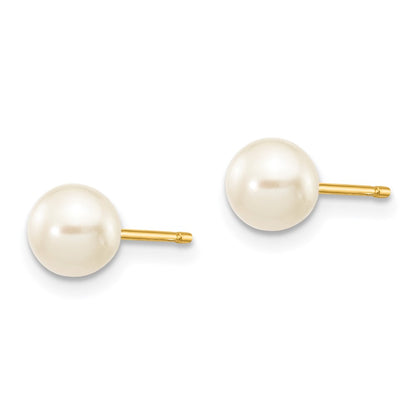 14K Yellow Gold 5 6mm White Round Freshwater Cultured Pearl Stud Post Earrings