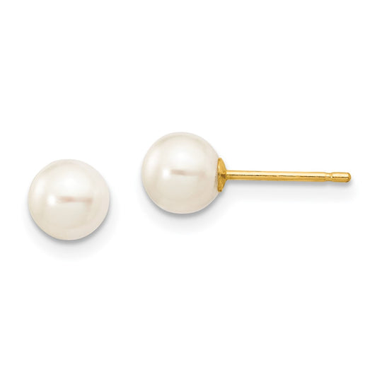 14K Yellow Gold 5 6mm White Round Freshwater Cultured Pearl Stud Post Earrings