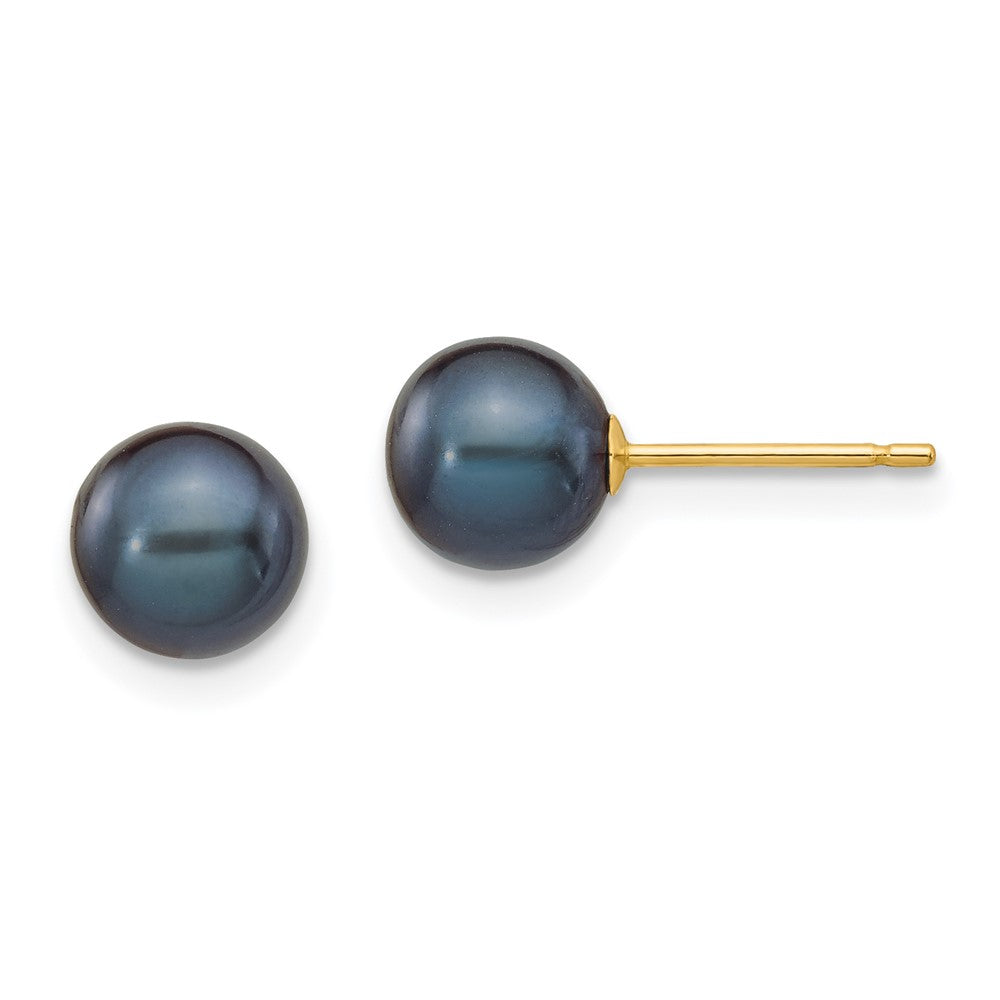 14K Yellow Gold 6 7mm Black Round Freshwater Cultured Pearl Stud Post Earrings