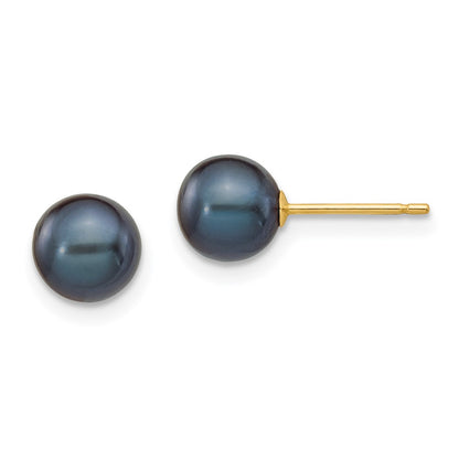 14K Yellow Gold 6 7mm Black Round Freshwater Cultured Pearl Stud Post Earrings