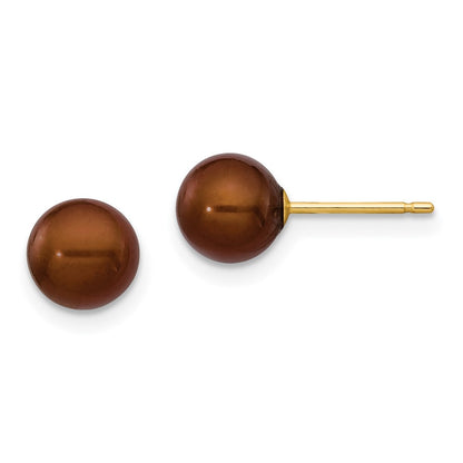 14K Yellow Gold 6 7mm Brown Round Freshwater Cultured Pearl Stud Post Earrings
