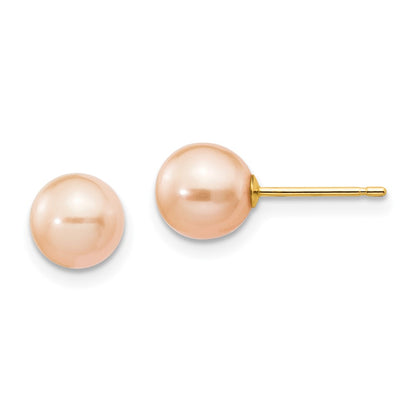 14K Yellow Gold 6 7mm Pink Round Freshwater Cultured Pearl Stud Post Earrings