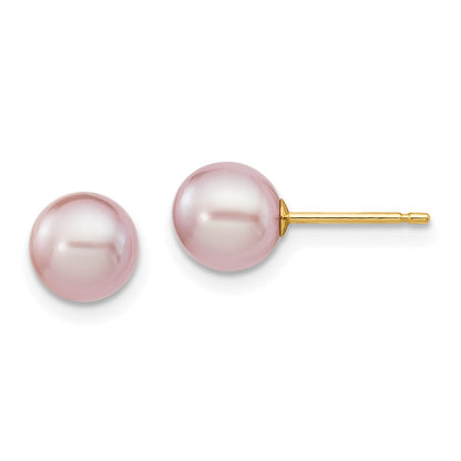 14K Yellow Gold 6 7mm Purple Round Freshwater Cultured Pearl Stud Post Earrings