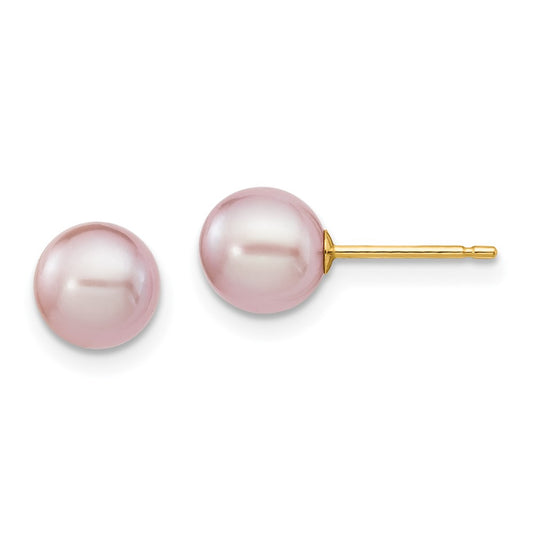 14K Yellow Gold 6 7mm Purple Round Freshwater Cultured Pearl Stud Post Earrings