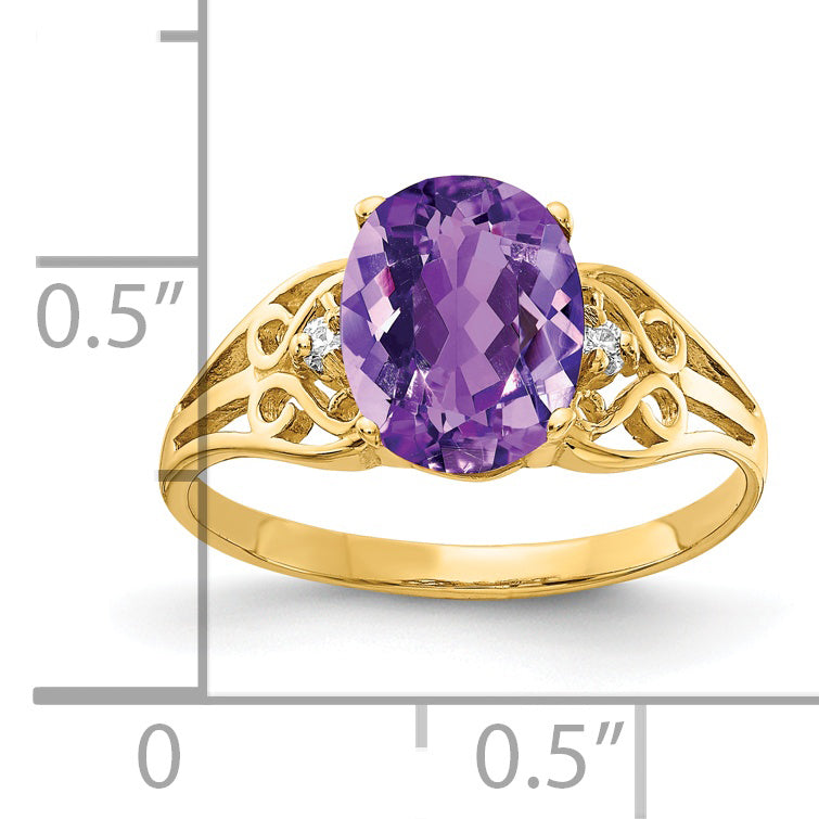 14K Yellow Gold 9X7mm Oval Amethyst Checker Aa Diamond Ring