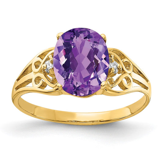 14K Yellow Gold 9X7mm Oval Amethyst Checker A Diamond Ring