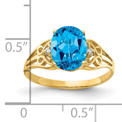 14K Yellow Gold 9X7mm Oval Blue Topaz Vs Diamond Ring