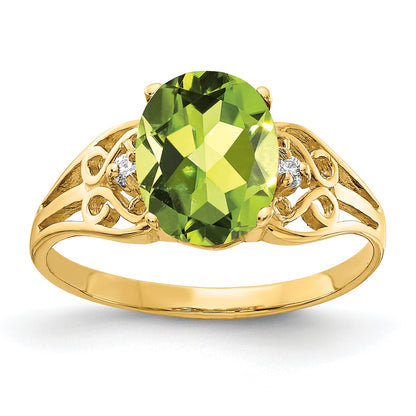 14K Yellow Gold 9X7mm Oval Peridot Aa Diamond Ring
